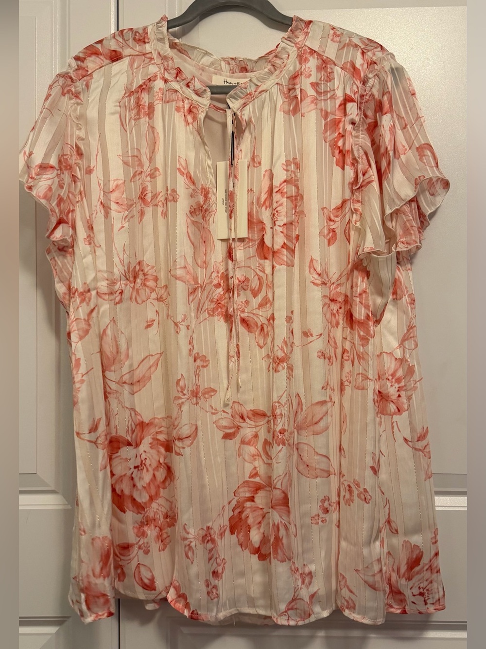 Haver & Blair Women's white Blouse with Coral Floral Print and Tie Neck
